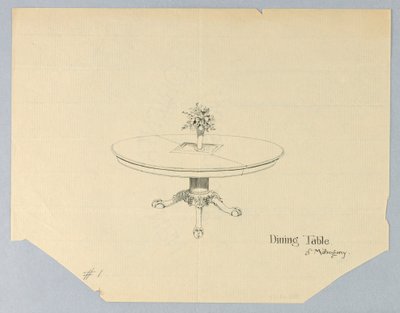 Projeto para uma mesa de jantar de mogno com um vaso de flores de A.N. Davenport Co.