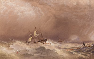 Um navio em perigo (litografia a cores) de A.V. Copley (after) Fielding