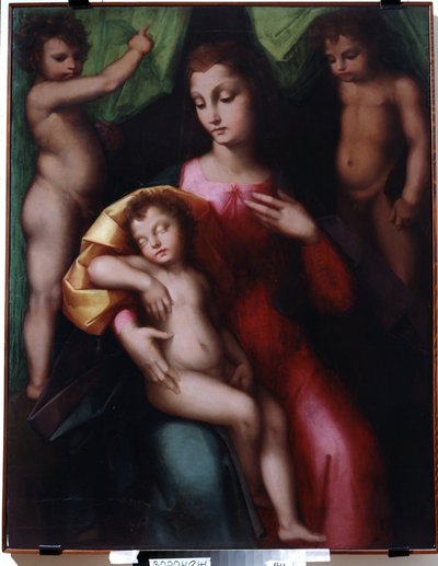 "Virgem adorando a criança Cristo adormecida com dois Anjos" Pintura de Andrea Piccinelli, conhecida como o Brescianino (1485- depois de 1525) 1510 aproximadamente Ivan Kramskoy (ou Kramskoi) Museu de Belas Artes de Voron de A. Piccinelli