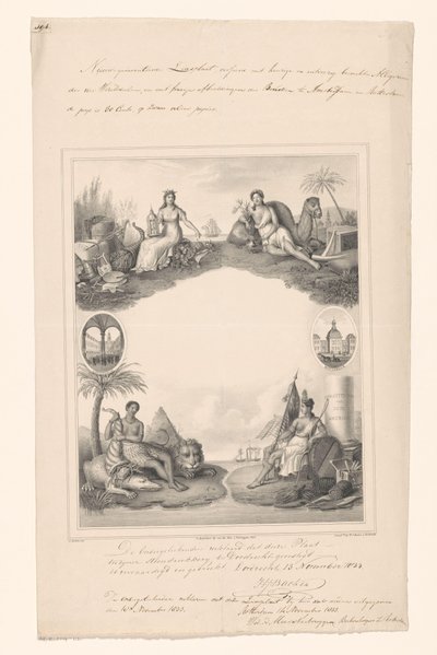 Design para uma página de título com personificações de quatro continentes de A. Bakker