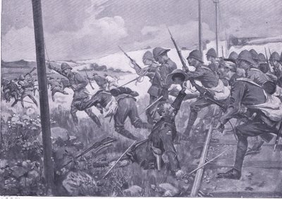 Carga dos fusiliers escoceses em Frederikstad, ilustração fromAfter Pretoria: The Guerilla War, 1902 de A. C. Ball