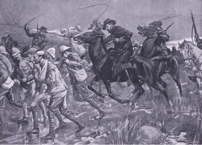 De Wets tratamento de prisioneiros de guerra britânicos em marcha, ilustração deApós Pretória: A guerra de guerrilha, 1902 de A. C. Ball
