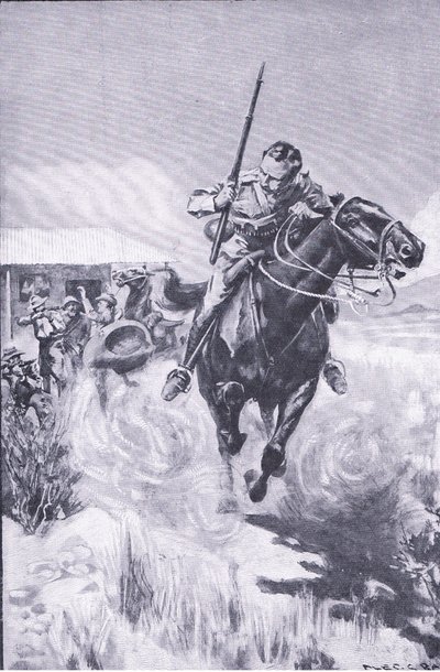 Escape of a scout, from After Pretoria: The Guerilla War publicado pela Harmsworth Bros Limited de A. C. Ball