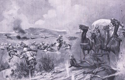 O ataque ao comboio em Buffelspoort, ilustração de After Pretoria: The Guerilla War, 1902 de A. C. Ball
