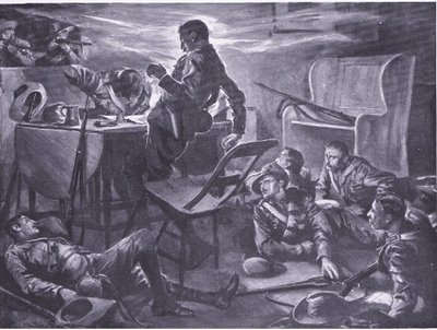 A morte de dois homens de Comptons Horse enquanto escrevia cartas para casa, ilustração de After Pretoria: The Guerilla War, 1902 de A. C. Ball