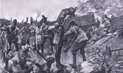 A demolição do trem perto de Taaibosch, de After Pretoria: The Guerilla War, publicado pela Harmsworth Bros Limited, 1901 de A. C. Ball
