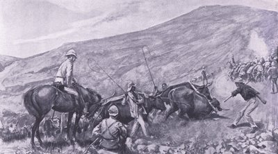 Dificuldades de transporte em Barberton: como as armas e vagões foram subiu as montanhas, ilustração de após Pretória: a guerra de guerrilha, 1902 de A. C. Ball