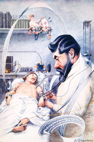 Professor Camille Lian (1882-1969) examinando um paciente com todo o seu equipamento, de "Chanteclair", outubro de 1928 (cor litho) de A. Chanteau