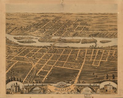 Vista aérea de Batavia, Condado de Kane, Illinois, 1869. LOC 73693342 de A.; Chicago Lithographing Co. Ruger