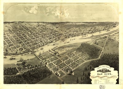 Vista aérea de Bay City, Portsmouth, Wenona e Salzburg, Bay Co., Michigan, 1867. LOC 73693424 de A.; Chicago Lithographing Co. Ruger