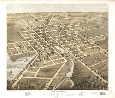 Vista aérea da cidade de Beaver Dam, Dodge Co., Wisconsin, 1867. LOC 73694535 de A.; Chicago Lithographing Co. Ruger