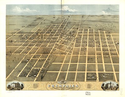 Vista aérea da cidade de Champaign, Condado de Champaign, Illinois, 1869. LOC 73693348 de A.; Chicago Lithographing Co. Ruger