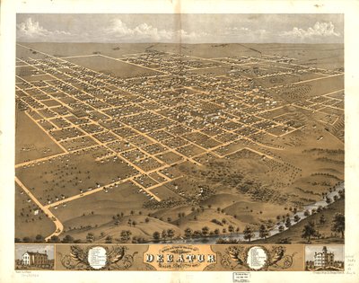 Vista aérea da cidade de Decatur, Macon Co., Illinois, 1869. LOC 73693354 de A.; Chicago Lithographing Co. Ruger