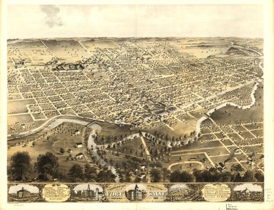 Vista aérea da cidade de Fort Wayne, Indiana, 1868. LOC 73693381 de A.; Chicago Lithographing Co. Ruger