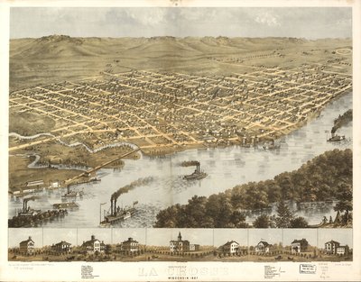 Vista aérea da cidade de La Crosse, Wisconsin, 1867. LOC 73694545 de A.; Chicago Lithographing Co. Ruger
