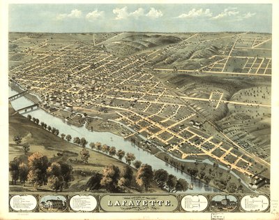 Vista aérea da cidade de Lafayette, Tippecanoe Co., Indiana, 1868. LOC 73693383 de A.; Chicago Lithographing Co. Ruger