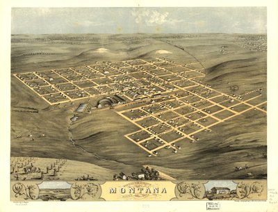 Vista aérea da cidade de Montana, Boone Co., Iowa 1868. LOC 73693404 de A.; Chicago Lithographing Co. Ruger