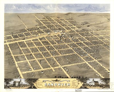 Vista aérea da cidade de Sandwich, Condado de De Kalb, Illinois, 1869. LOC 73693372 de A.; Chicago Lithographing Co. Ruger