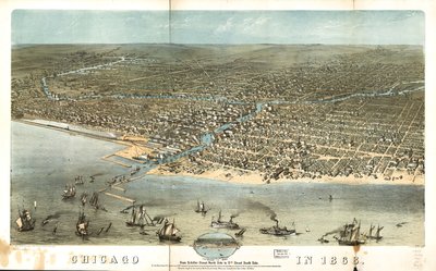 Chicago em 1868, do lado norte da Schiller Street até ao lado sul da 12th Street. LOC 73693350 de A.; Chicago Lithographing Co. Ruger
