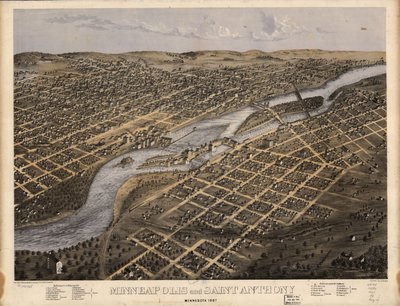 Minneapolis e Santo António, Minnesota 1867. LOC 73693455 de A.; Chicago Lithographing Co. Ruger