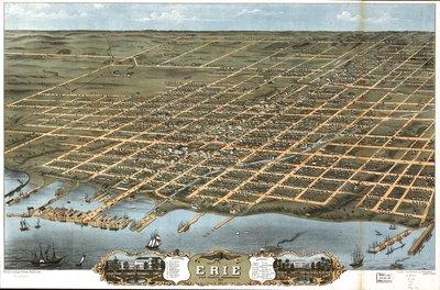 Vista aérea da cidade de Erie, Condado de Erie, Pensilvânia, 1870. de A. Chicago Lithographing Co. Ruger and Stoner Ruger