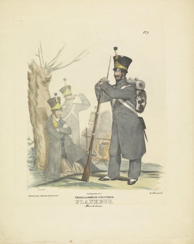 Flanco em traje de marcha, 1820-1825 Infantaria Holandesa. Uniforme de Flankeur Marsch (título no objeto) Trajes militares do Reino dos Países Baixos. Dedicado a Sua Excelência Willem van Bylandt (título da série no objeto) de A. Courtois