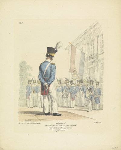 Músico em uniforme completo Músico em traje completo, 1820-1825 Nederlandsche Infanterie Musikant em grande uniforme (título no objeto) Trajes militares do Reino dos Países Baixos. Dedicado a Sua Excelência Willem van Bylandt (título da série em obj de A. Courtois