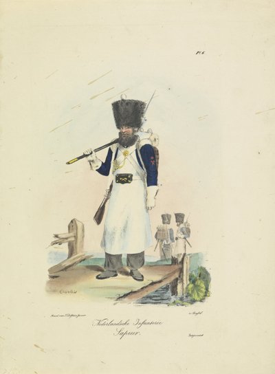 Sapper, 1820-1825
Infantaria holandesa. Sapeur (título sobre o objecto)
Fatos militares do Reino dos Países Baixos. Dedicado a Sua Excelência William de Bylandt (título da série sobre o objecto) de A. Courtois