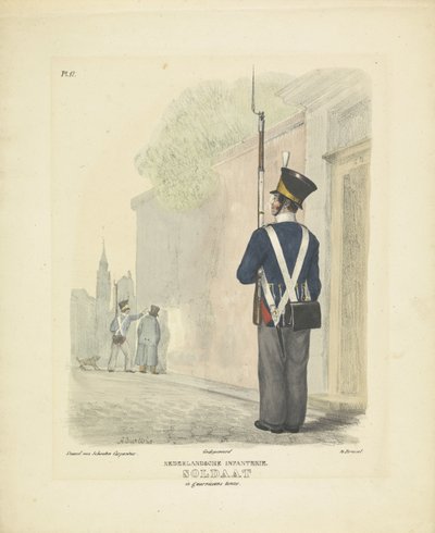 Soldado em vestido de guarnição, 1820-1825
Infantaria holandesa. Soldado em vestido de guarnição (título sobre o objecto)
Fatos militares do Reino dos Países Baixos. Dedicado a Sua Excelência William de Bylandt (título da série sobre o objecto) de A. Courtois