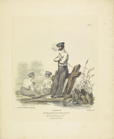 Soldado em equipamento de quartel, 1820-1825
Infantaria holandesa. Soldado em equipamento de quartel (título sobre o objecto)
Fatos militares do Reino dos Países Baixos. Dedicado a Sua Excelência Willem van Bylandt (título da série sobre o objecto) de A. Courtois