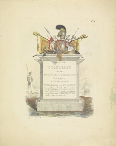 Impressão do título da série de uniformes do Reino dos Países Baixos, 1820-1825 Trajes militares do Reino dos Países Baixos. Dedicado a Sua Excelência Willem van Bylandt (título da série no objeto) de A. Courtois