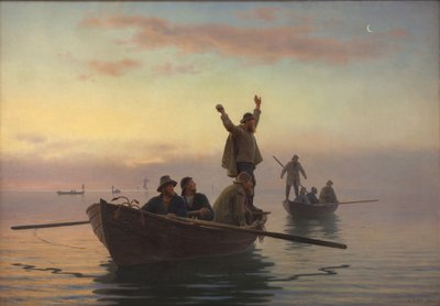 Pesca de chifre com rede de deriva. De manhã cedo de A. Dorph