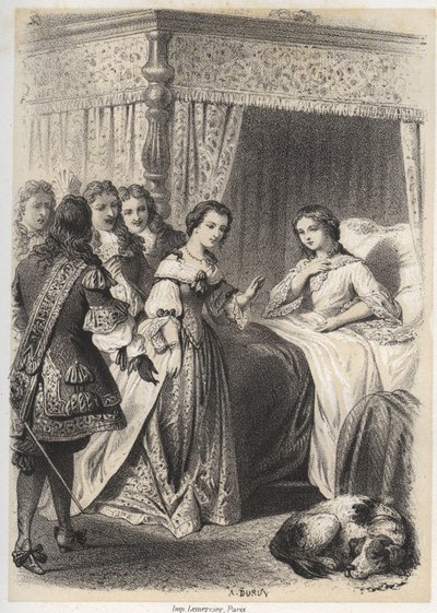Madame Deshoulieres, Antoinette Ligier de La garde (1637-1694), sobrecarregada com perguntas da sua comitiva depois de uma noite passada com o medo do fantasma. Gravado por A. Duruy em "Illustrations litteraires de la France; ou, Galerie anecdotique de nos de A. Duruy