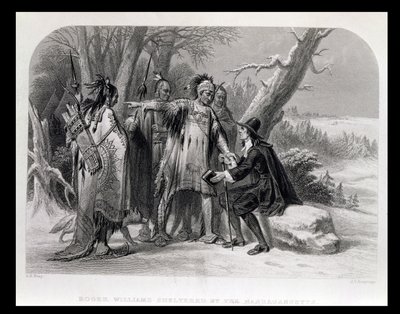 Roger Williams abrigado por Narragansetts, 1636, de "A História dos Estados Unidos", vol. Eu, de Charles Mackay, gravado por James Charles Armytage (c.1820-97) de A. H. Wray