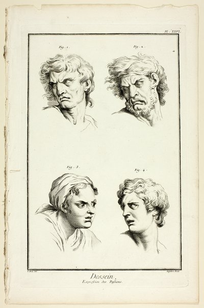 Desenho: Expressões de Emoção (Ódio ou Ciúme, Raiva, Desejo, Dor Física), de Encyclopédie de A. J. Defehrt