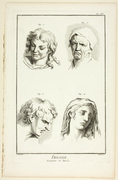 Desenho: Expressões de Emoção (Risos, Choros, Compaixão, Tristeza), da Encyclopédie de A. J. Defehrt