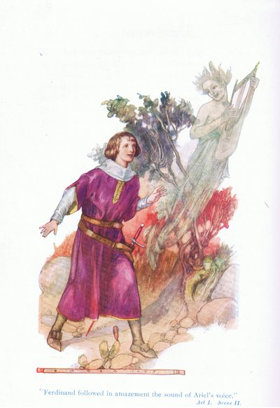 Ferdinand seguiu com espanto o som da voz de Ariel (The Tempest), de Tales from Shakespeare pub. por Ward Lock & Co Ltd de A. Jackson