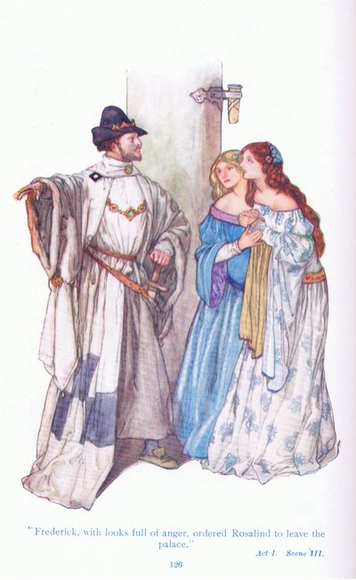Frederick com ar de raiva, ordenou que Rosalind deixasse o palácio (As You Like It), de Tales from Shakespeare pub. por Ward Lock & Co Ltd de A. Jackson