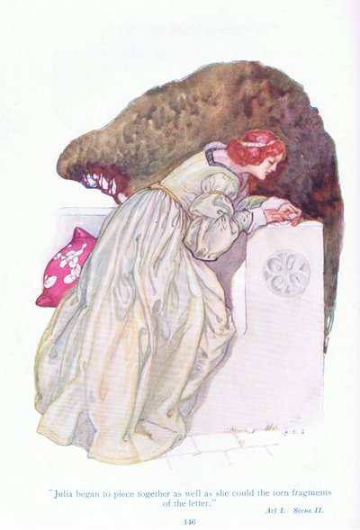 Júlia começou a juntar os fragmentos da carta (Two Gentlemen of Verona), de Tales from Shakespeare pub. por Ward Lock & Co Ltd de A. Jackson
