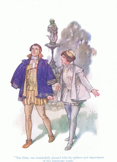 O duque ficou maravilhosamente satisfeito com o endereço e o depoimento deste belo jovem (Twelth Night), de Tales from Shakespeare pub. por Ward Lock & Co Ltd de A. Jackson