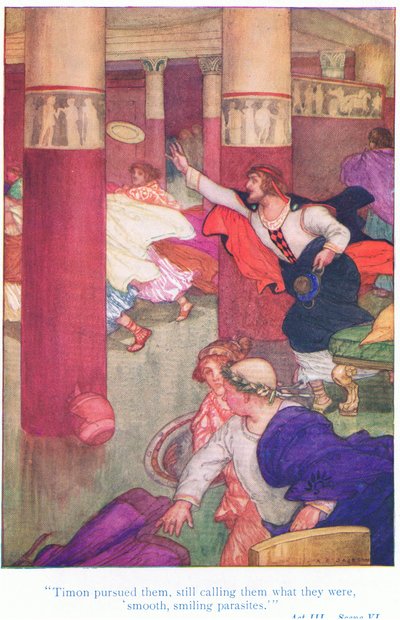 Timon perseguiu-os, ainda chamando-os o que eles eram, parasitas suaves e sorridentes (Timon of Athens), de Tales from Shakespeare pub. por Ward Lock & Co Ltd de A. Jackson