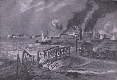 Destruição de um estaleiro naval em Bari (Itália) por destruidores de torpedos austro-húngaros, do pub The Illustrated History of the World War 1914-1915, pela Union Berlagsefellfchaft de A. Kircher