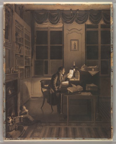 Desenho, Interior com um homem a ler na sua secretária, 1827 de A. L. Leroy