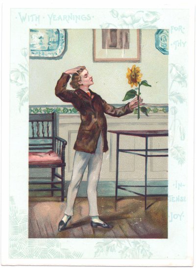 O cartão de felicitações vitoriano de um Estético que adora um girassol em ectasy, c.1881 (cor litho) de A. Ludovici