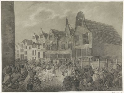 Colapso da cofragem ao longo do Kortendijk em Gorinchem, 1809 Quatro placas do dilúvio em 1809 dedicadas ao rei Luís Napoleão (título da série) de A. Lutz