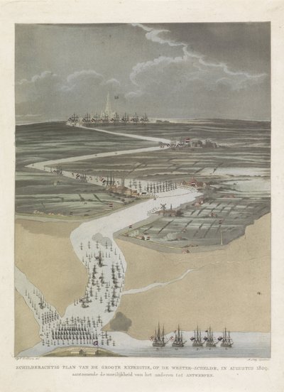 Expedição britânica a Antuérpia, 1809 Plano pitoresco da grande expedição, no Escalda Ocidental, em agosto de 1809. mostrando a dificuldade de se aproximar de Antuérpia (título no objeto) de A. Lutz