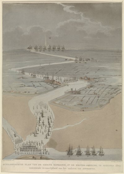 Vista aérea do Escalda Ocidental com frotas inglesas, holandesas e francesas, 1809 Plano pitoresco da grande expedição, no Escalda Ocidental em agosto de 1809 (título no objeto) de A. Lutz