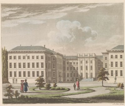Palácio Noordeinde em Haia, 1810-1825 Le Palais royal à La Haye, vu du jardin / O Palácio Real de Haia, visto do lado do jardim (título no objeto) de A. Lutz