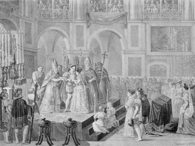 O casamento de Henri III (1553-1610) e Marguerite da França (1553-1615) em 1572, 1832 de A. Regnier