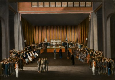 Tribunal de Justiça da China no salão da fábrica britânica em Canton, 9 de abril de 1807, c.1810 (óleo sobre papel) de A. Roland Knight